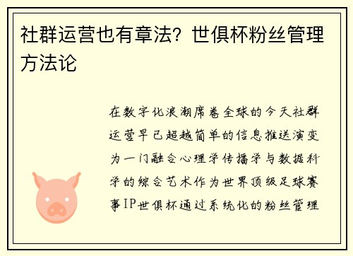 社群运营也有章法？世俱杯粉丝管理方法论