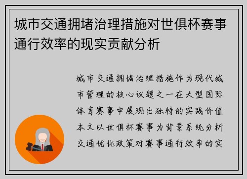 城市交通拥堵治理措施对世俱杯赛事通行效率的现实贡献分析