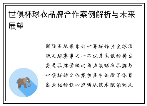 世俱杯球衣品牌合作案例解析与未来展望